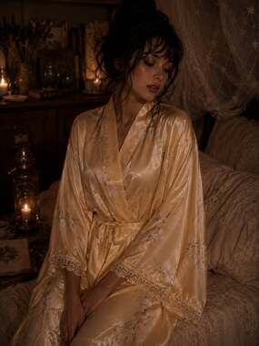 L.A. Intimates VTG Yellow Floral Satin Robe with Lace Trim Sz.L